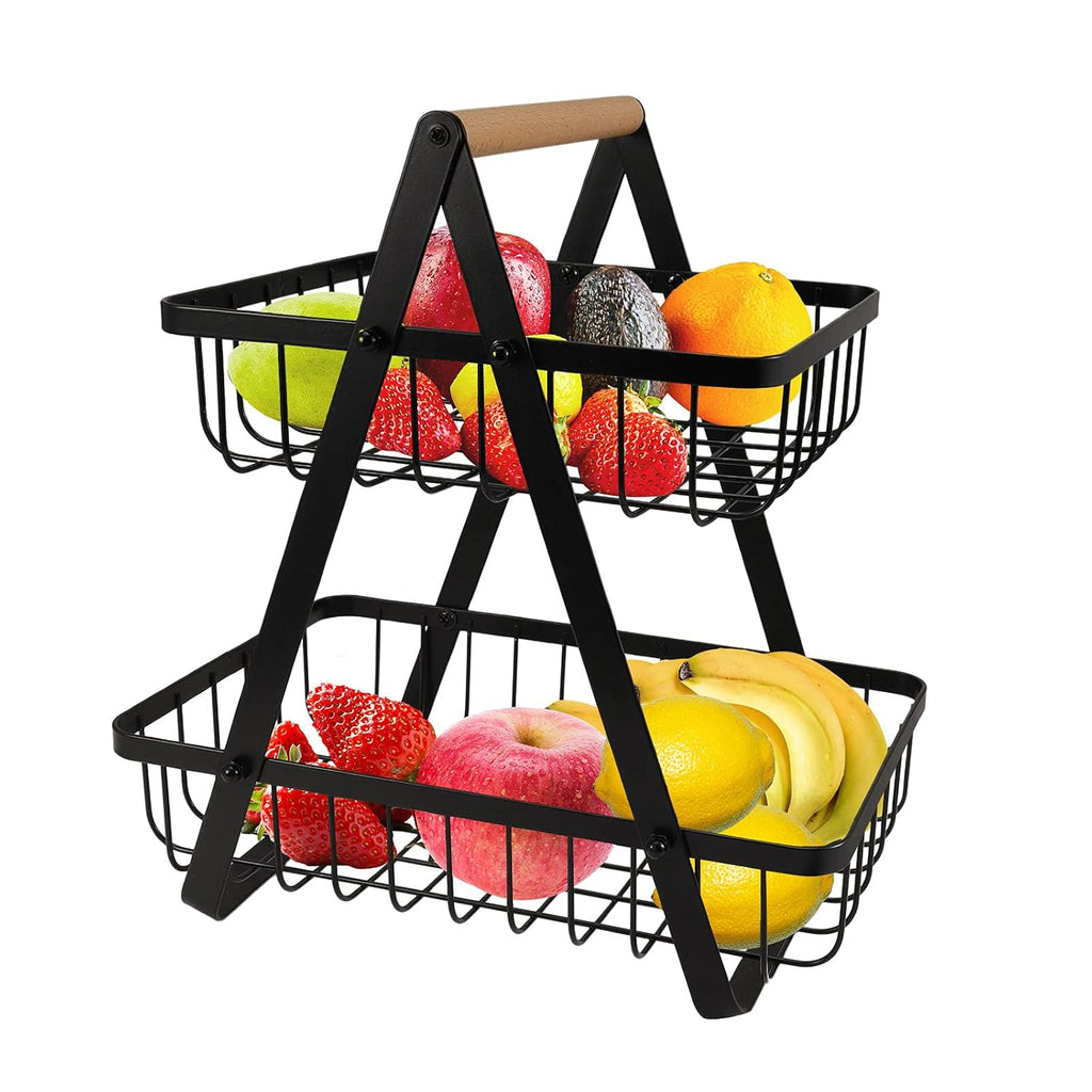 2-Tier Metal Countertop Fruit Basket – Detachable Rectangle Storage Bowl for Kitchen & Dining, Portable Organizer for Fruits, Vegetables, Bread & Snacks