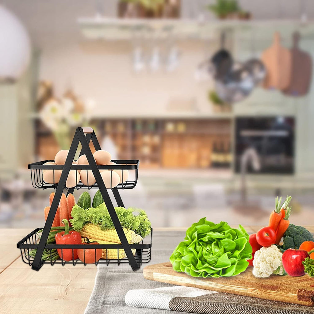 2-Tier Metal Countertop Fruit Basket – Detachable Rectangle Storage Bowl for Kitchen & Dining, Portable Organizer for Fruits, Vegetables, Bread & Snacks