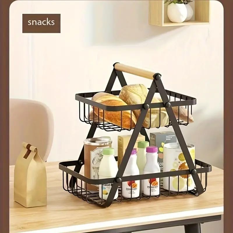 2-Tier Metal Countertop Fruit Basket – Detachable Rectangle Storage Bowl for Kitchen & Dining, Portable Organizer for Fruits, Vegetables, Bread & Snacks