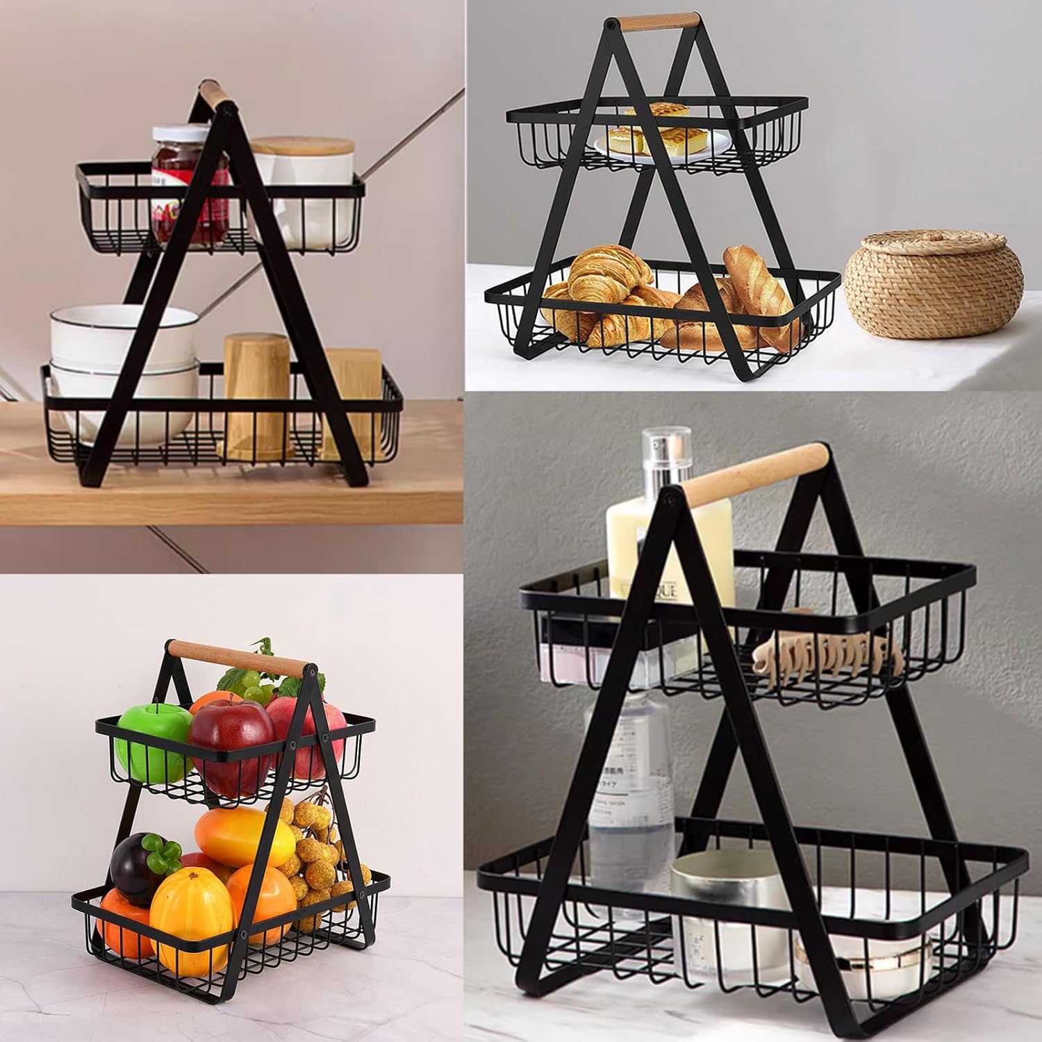 2-Tier Metal Countertop Fruit Basket – Detachable Rectangle Storage Bowl for Kitchen & Dining, Portable Organizer for Fruits, Vegetables, Bread & Snacks