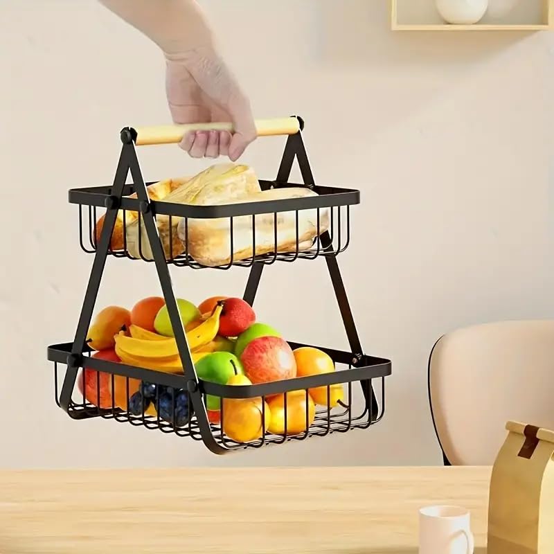 2-Tier Metal Countertop Fruit Basket – Detachable Rectangle Storage Bowl for Kitchen & Dining, Portable Organizer for Fruits, Vegetables, Bread & Snacks