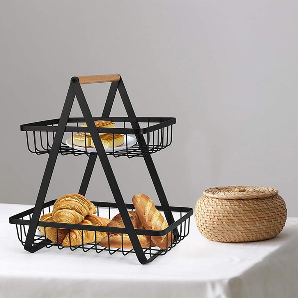 2-Tier Metal Countertop Fruit Basket – Detachable Rectangle Storage Bowl for Kitchen & Dining, Portable Organizer for Fruits, Vegetables, Bread & Snacks