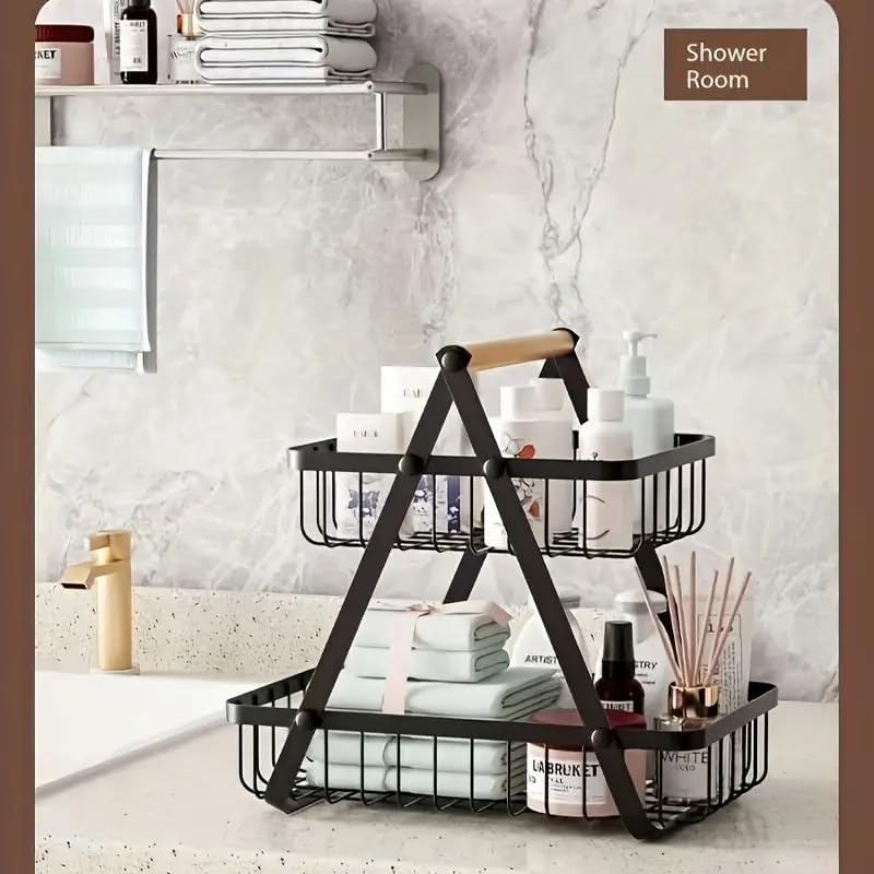 2-Tier Metal Countertop Fruit Basket – Detachable Rectangle Storage Bowl for Kitchen & Dining, Portable Organizer for Fruits, Vegetables, Bread & Snacks