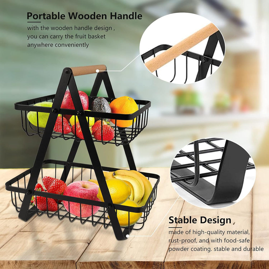 2-Tier Metal Countertop Fruit Basket – Detachable Rectangle Storage Bowl for Kitchen & Dining, Portable Organizer for Fruits, Vegetables, Bread & Snacks