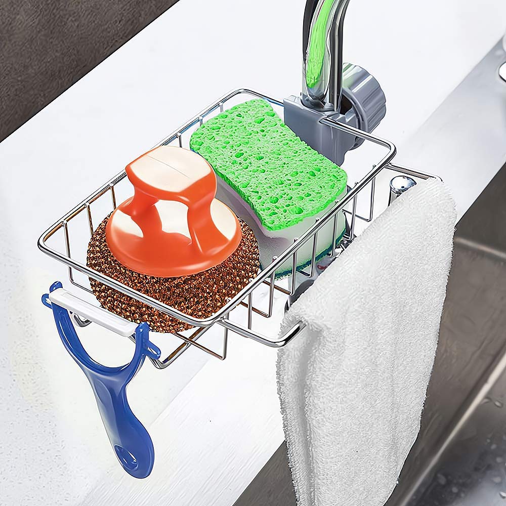 Adjustable Stainless Steel Kitchen Sink Faucet Shelf – Heavy-Duty Hanging Storage Rack for Soap, Sponge, Dishcloth & Towel Holder – Removable No Suction Cup Organizer for Kitchen & Bathroom