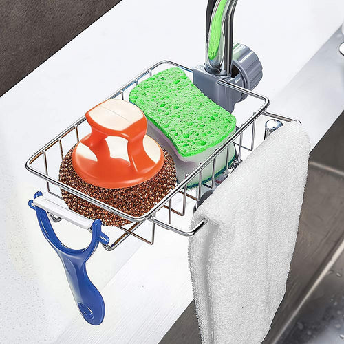 Adjustable Stainless Steel Kitchen Sink Faucet Shelf – Heavy-Duty Hanging Storage Rack for Soap, Sponge, Dishcloth & Towel Holder – Removable No Suction Cup Organizer for Kitchen & Bathroom