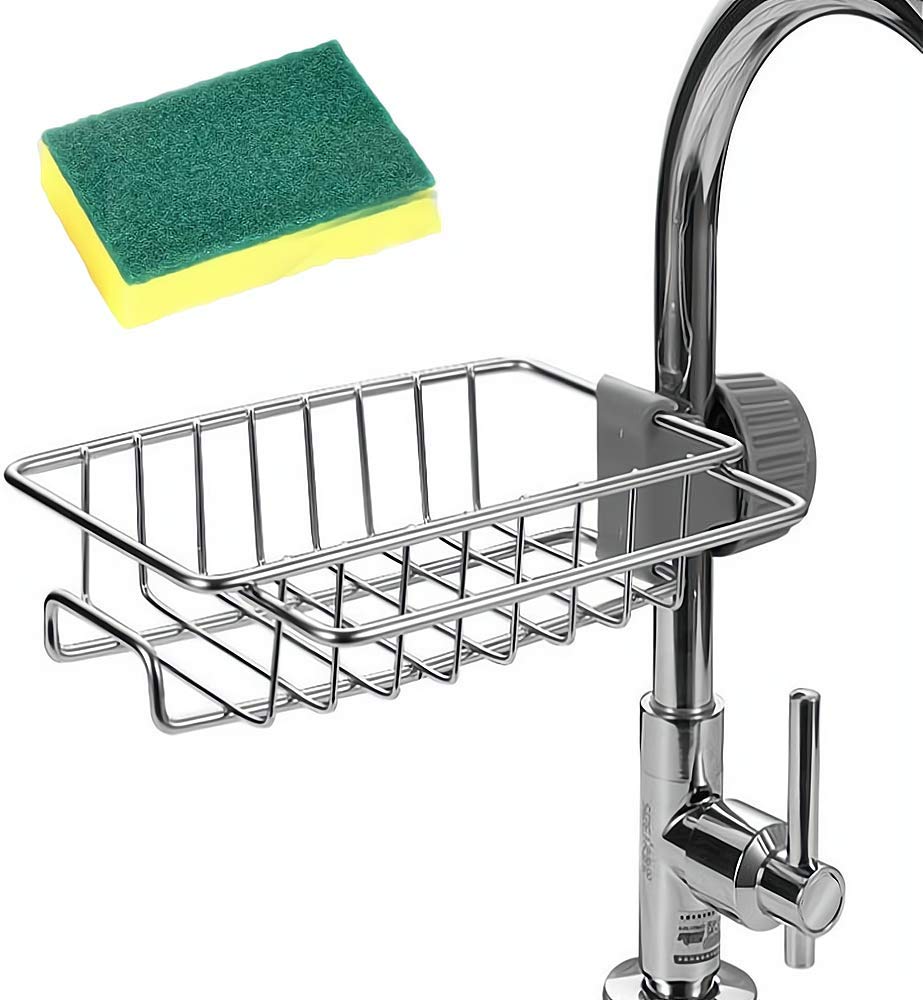 Adjustable Stainless Steel Kitchen Sink Faucet Shelf – Heavy-Duty Hanging Storage Rack for Soap, Sponge, Dishcloth & Towel Holder – Removable No Suction Cup Organizer for Kitchen & Bathroom