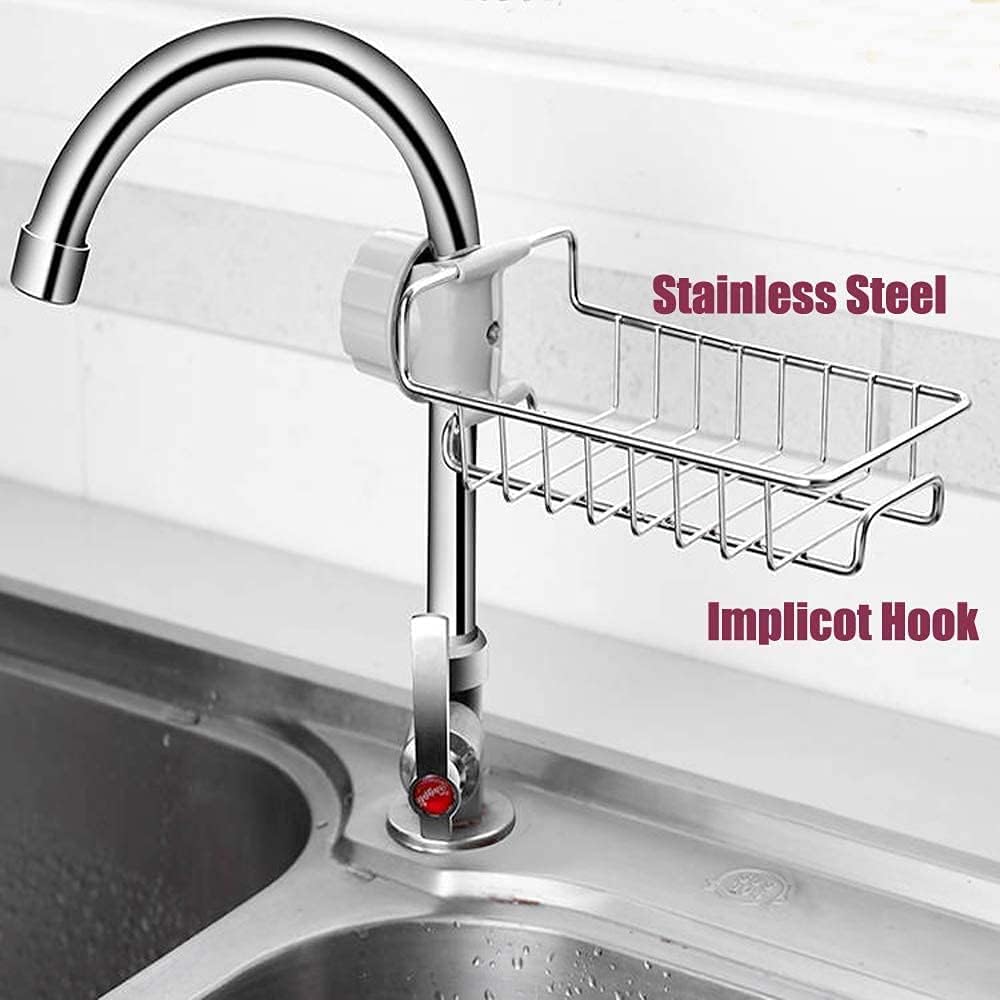 Adjustable Stainless Steel Kitchen Sink Faucet Shelf – Heavy-Duty Hanging Storage Rack for Soap, Sponge, Dishcloth & Towel Holder – Removable No Suction Cup Organizer for Kitchen & Bathroom