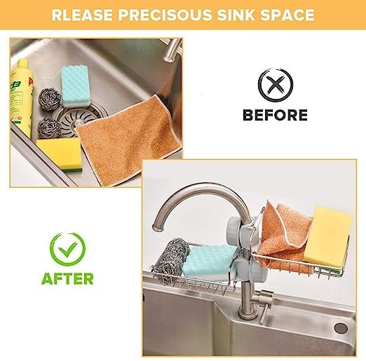 Adjustable Stainless Steel Kitchen Sink Faucet Shelf – Heavy-Duty Hanging Storage Rack for Soap, Sponge, Dishcloth & Towel Holder – Removable No Suction Cup Organizer for Kitchen & Bathroom