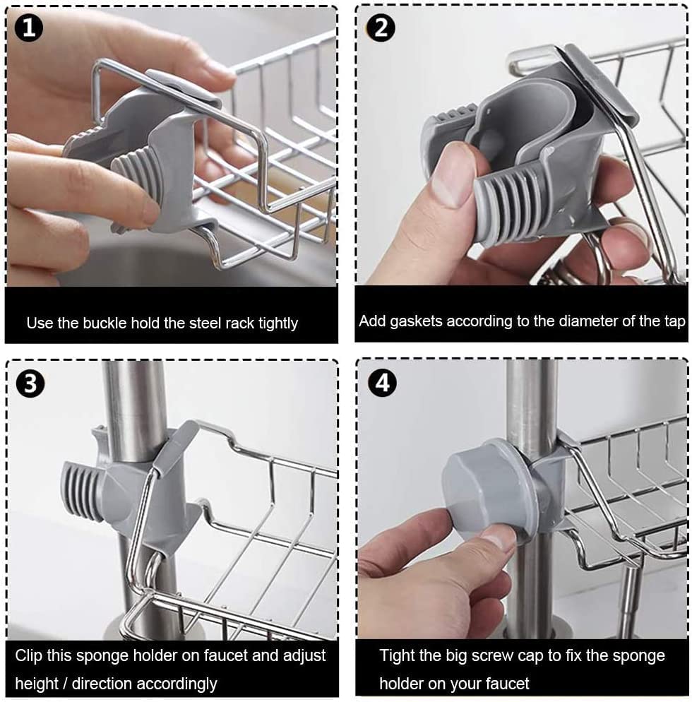 Adjustable Stainless Steel Kitchen Sink Faucet Shelf – Heavy-Duty Hanging Storage Rack for Soap, Sponge, Dishcloth & Towel Holder – Removable No Suction Cup Organizer for Kitchen & Bathroom