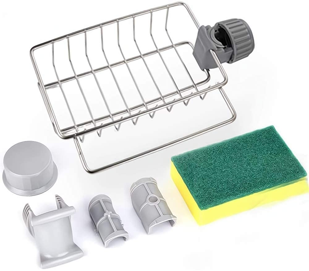 Adjustable Stainless Steel Kitchen Sink Faucet Shelf – Heavy-Duty Hanging Storage Rack for Soap, Sponge, Dishcloth & Towel Holder – Removable No Suction Cup Organizer for Kitchen & Bathroom
