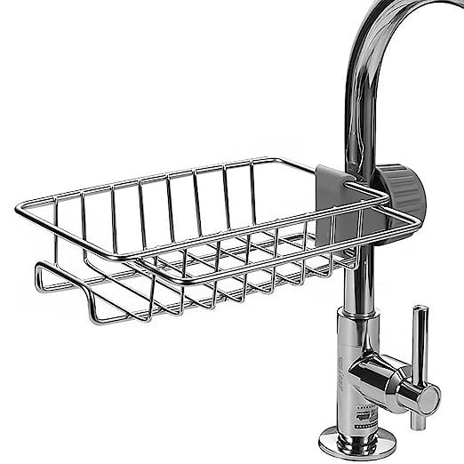 Adjustable Stainless Steel Kitchen Sink Faucet Shelf – Heavy-Duty Hanging Storage Rack for Soap, Sponge, Dishcloth & Towel Holder – Removable No Suction Cup Organizer for Kitchen & Bathroom