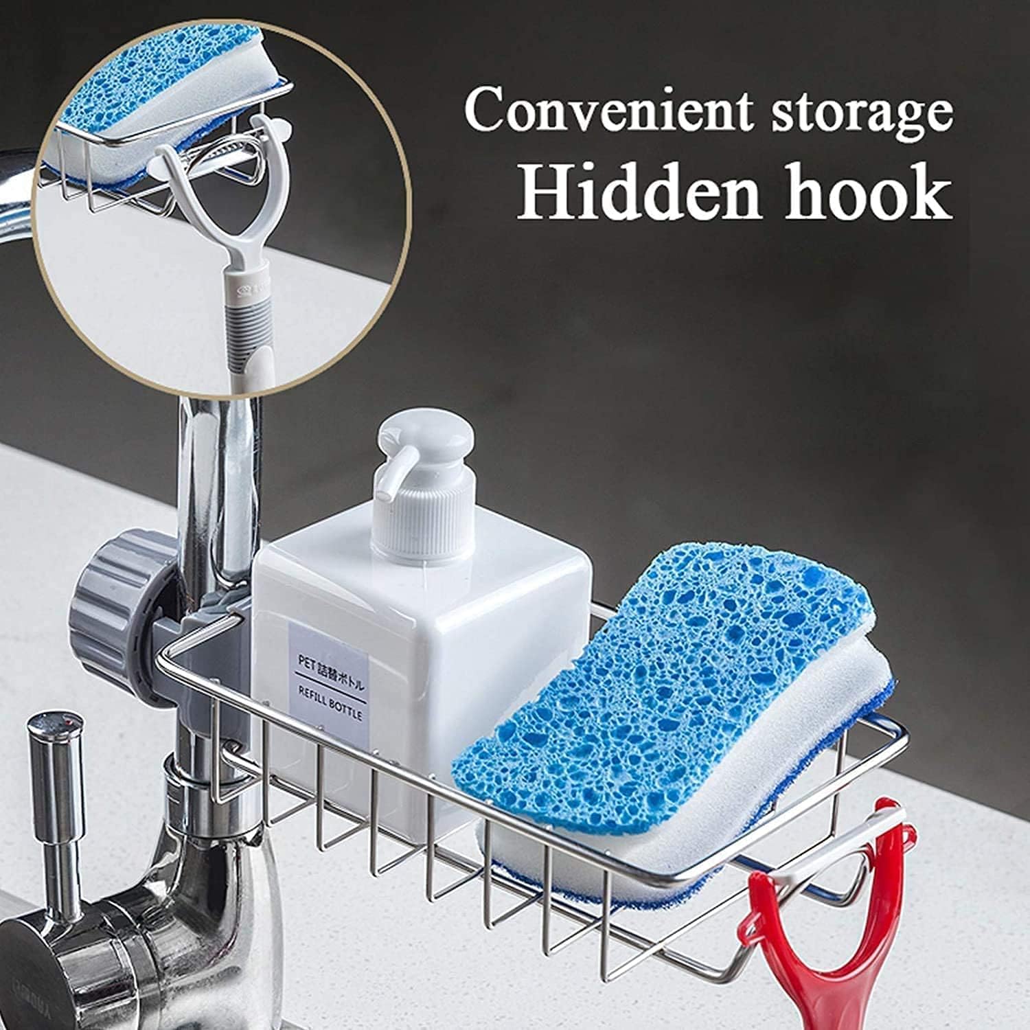 Adjustable Stainless Steel Kitchen Sink Faucet Shelf – Heavy-Duty Hanging Storage Rack for Soap, Sponge, Dishcloth & Towel Holder – Removable No Suction Cup Organizer for Kitchen & Bathroom