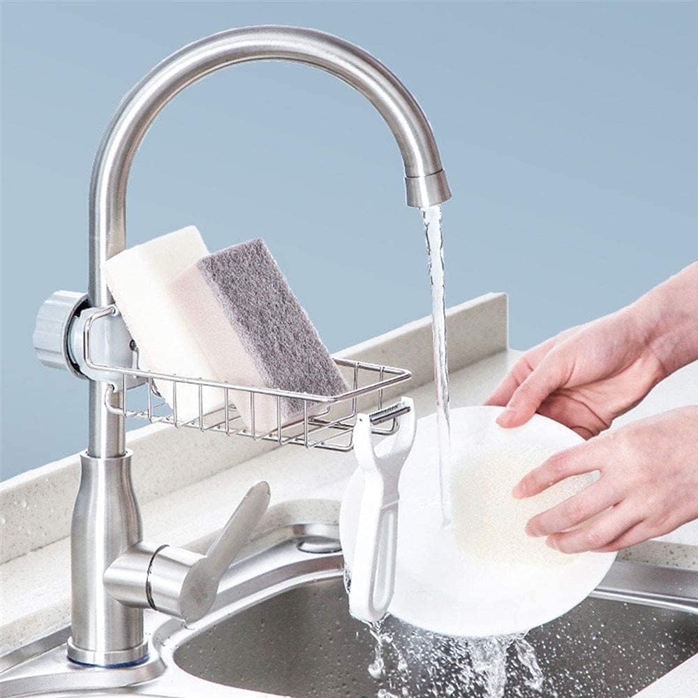 Adjustable Stainless Steel Kitchen Sink Faucet Shelf – Heavy-Duty Hanging Storage Rack for Soap, Sponge, Dishcloth & Towel Holder – Removable No Suction Cup Organizer for Kitchen & Bathroom