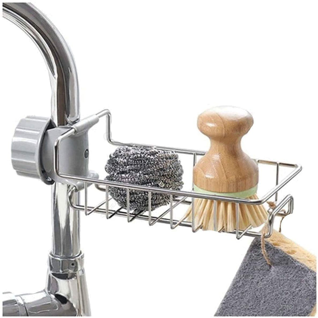 Adjustable Stainless Steel Kitchen Sink Faucet Shelf – Heavy-Duty Hanging Storage Rack for Soap, Sponge, Dishcloth & Towel Holder – Removable No Suction Cup Organizer for Kitchen & Bathroom
