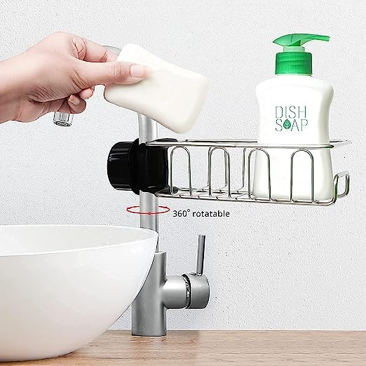 Adjustable Stainless Steel Kitchen Sink Faucet Shelf – Heavy-Duty Hanging Storage Rack for Soap, Sponge, Dishcloth & Towel Holder – Removable No Suction Cup Organizer for Kitchen & Bathroom