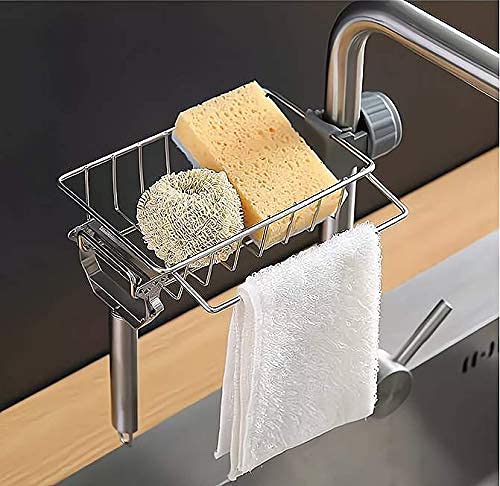 Adjustable Stainless Steel Kitchen Sink Faucet Shelf – Heavy-Duty Hanging Storage Rack for Soap, Sponge, Dishcloth & Towel Holder – Removable No Suction Cup Organizer for Kitchen & Bathroom