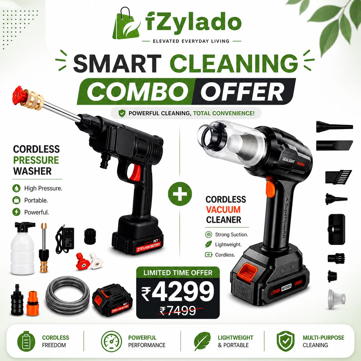 fZylado Smart Cleaning Combo – Cordless Pressure Washer + Vacuum Cleaner