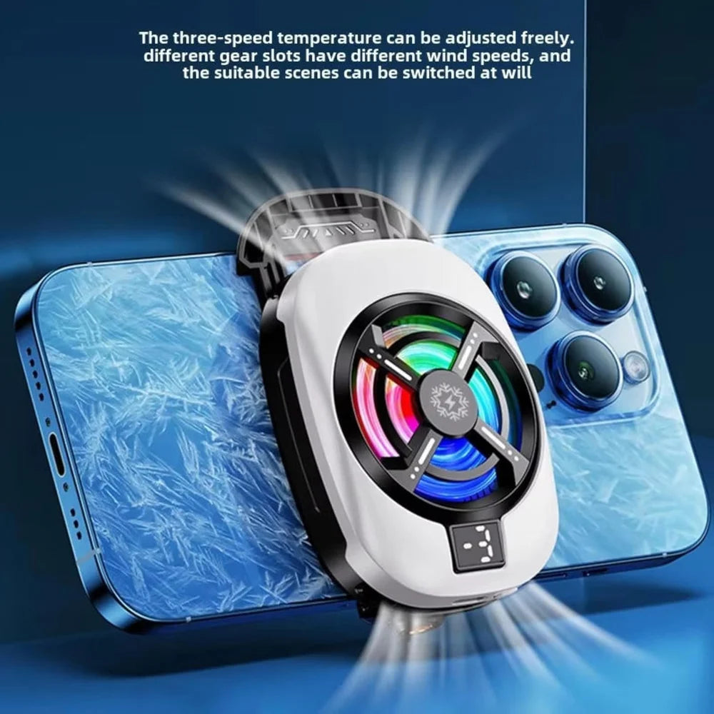Magnetic Semiconductor Phone Cooling Fan with TEC Cooling, RGB Lights & Digital Display